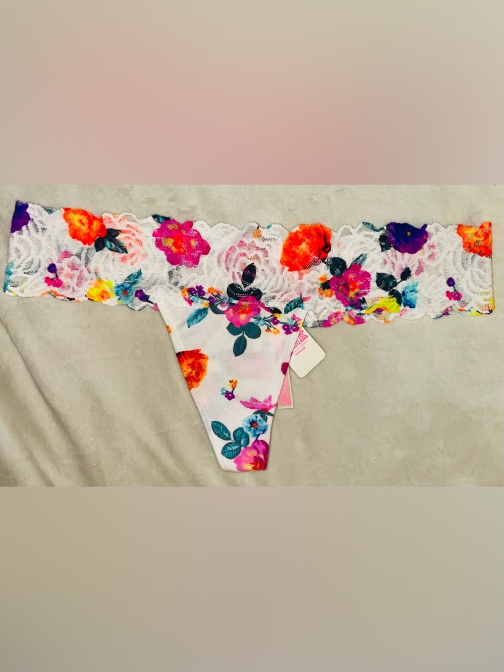 PINK Victoria's Secret White Floral Lace Thong with Pink Orange Teal Accents